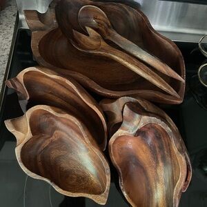 VINTAGE 7PC GENUINE MONKEY POD WOODEN SALAD BOWL SET